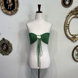 Paloma Wool Green Ribbed Knit Tie Front Crop Tube Top Size S